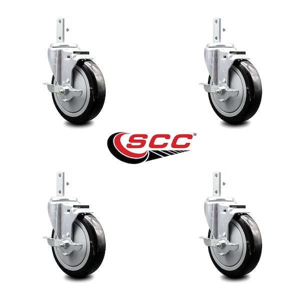 5 Inch Black Poly Wheel Swivel 3/4 Inch Square Stem Caster Set With Brake SCC